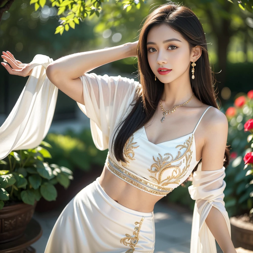 pretty girl: Asian, super cute;
Age: from 18-20 years old;
hair: bronze orange, smooth, shimmering in the sunlight, detailed;
skin: ivory white, rosy and flawless;
eyes: jet black, almond shaped, sexy, youthful, clear, super detailed, elegant, seductive, sharp makeup, realistic, eye-catching, eye contact;
eyelids: delicate, delicate, perfectly beautiful;
Eyebrows: arched, sparse, sharp;
face: beautiful, pure, like a fairy, with gentle makeup, lovely, perfectly balanced, beautiful in every detail;
nose: pretty, lovely, high;
Cheekbones: prominent;
lips: seductive, light red lipstick, lovely lip gloss;
teeth: radiant, pure white;
charming smile, showing off bright white teeth;
body: full of youth;
accessories: necklaces, earrings, jade bracelets;
Costume: silk fabric, delicate, embroidered with flowers;
Fashion style: high-end, modern 2024, luxury;
Photo quality: non-NSFW, 8K CG HD, sharp, super beautiful graphics, professional, detailed, vibrant colors, super smooth, advanced techniques, true RAW;
lighting: complex color scheme, golden-black rays;
sunlight: sparkling, illuminating the girl's body;
Setting: vibrant street, cool green trees.
