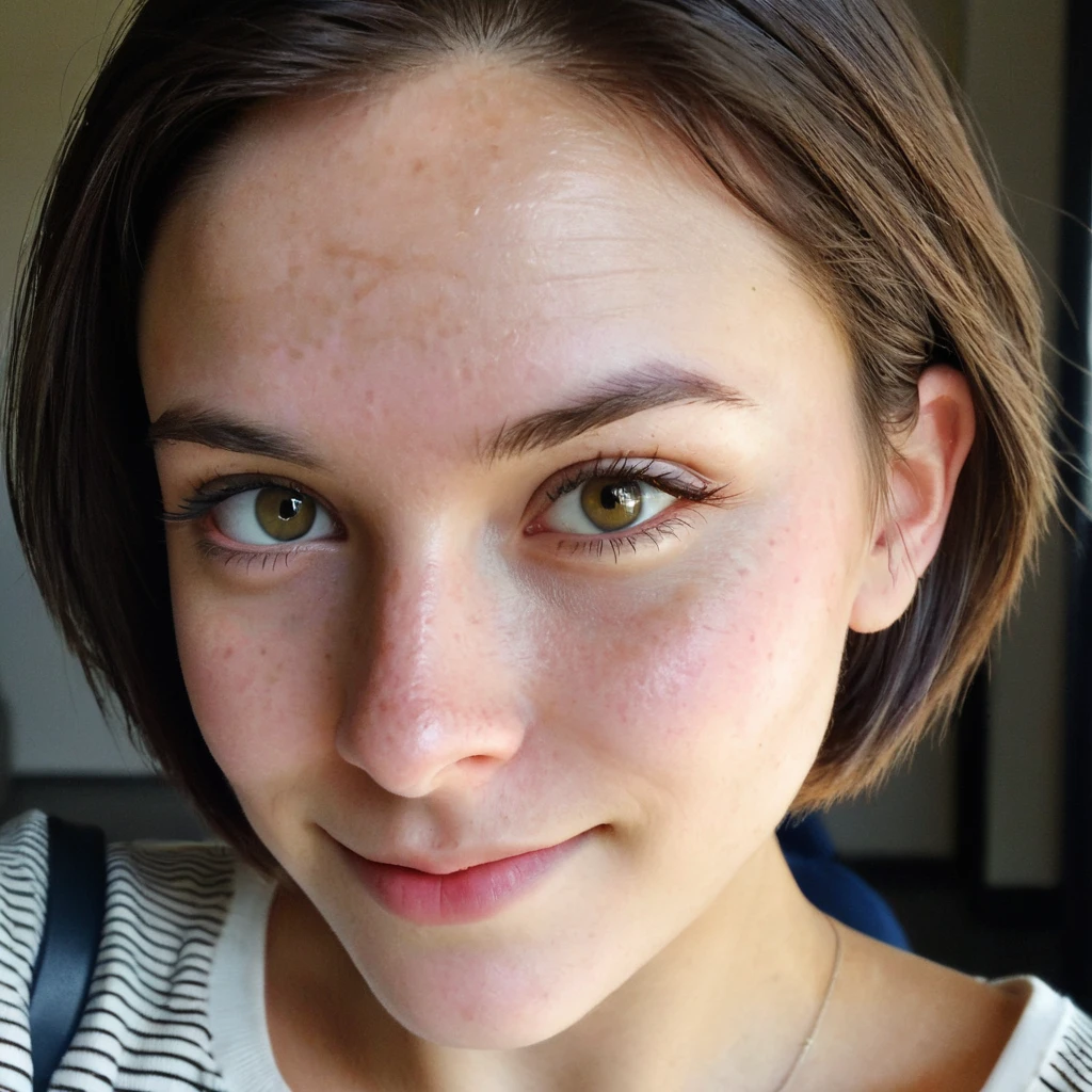 hyper detailed instagram selfie, a beautiful 18 year old woman, slight smile, detailed skin face and eyes, natural lighting, at school, short hair, wearing cute , film grain, low contrast, natural face, eyes, very dark