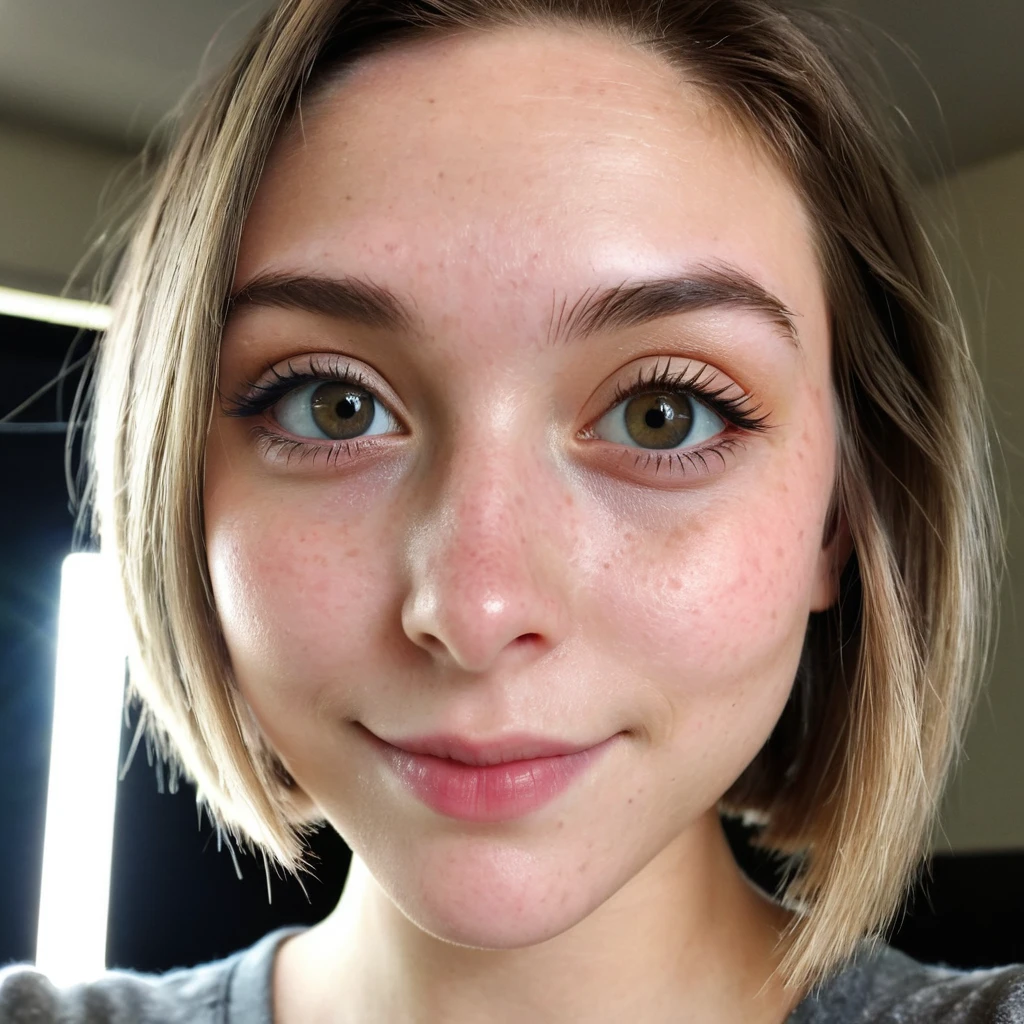 hyper detailed instagram selfie, a beautiful 18 year old woman, slight smile, detailed skin face and eyes, natural lighting, at school, short hair, wearing cute , film grain, low contrast, natural face, eyes, very dark