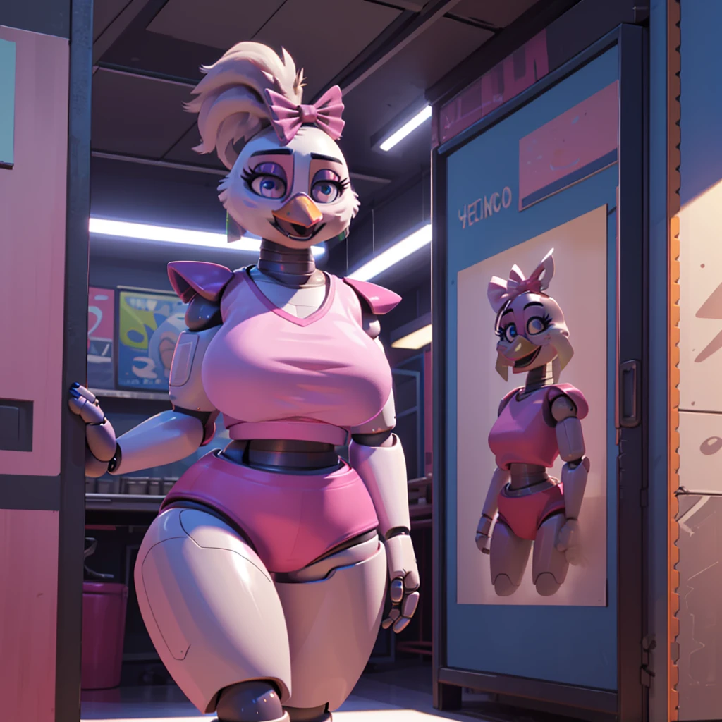 (masterpiece), ((perfect anatomy)), (high Res), (4k), Chicken, huge breast, wide hips, (robot), (animatronic), (((pink shirt))), (((pink shorts))), happy, ponytail, (((((realistic artstyle))))), (((solo))), narrow waist