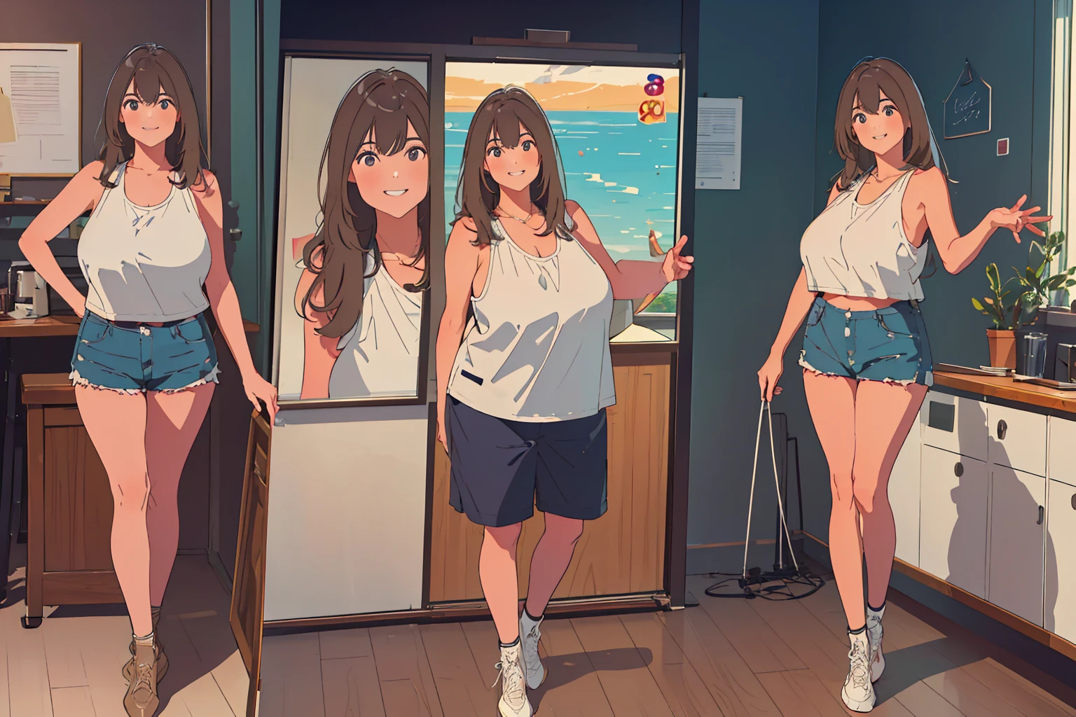 ((Best quality, 8k, Masterpiece :1.3)), 1girl, beautiful woman with emphasis on plump abs: 1.3, full body, (long hair, big breasts: 1.2), oversized tank top: 1.2, ultra-delicate face, delicate eyes, double eyelids, smile, home, random color clothes