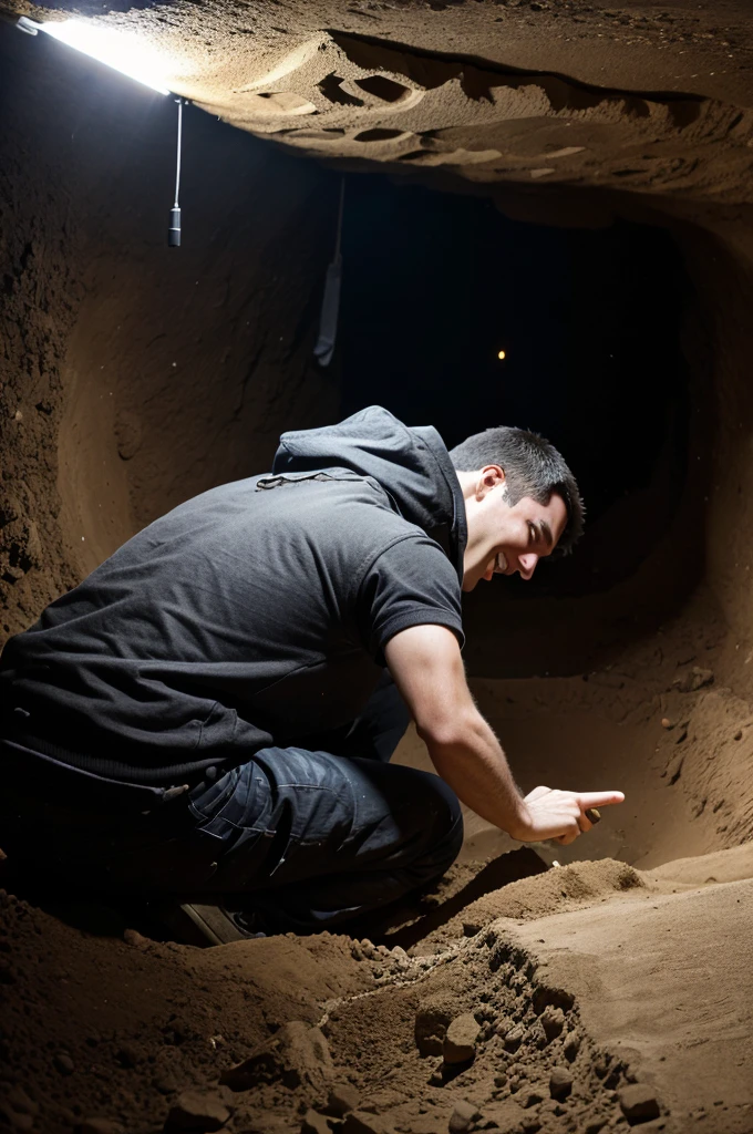 Person mining lots of bitcoin under ground and people around him laughing and some are pointing with hand