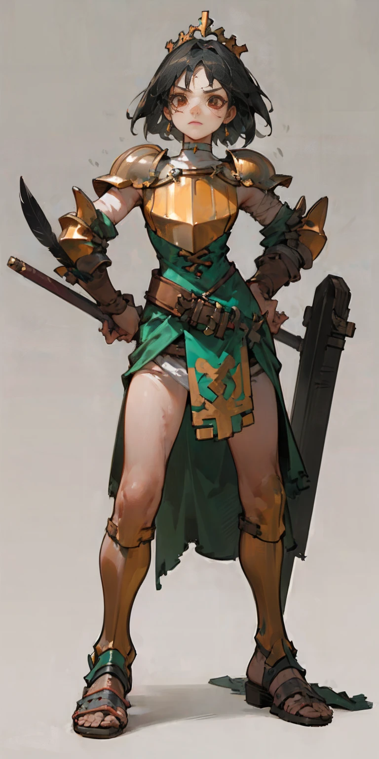 Subject:
1 Solo Female Gladiator
Pose:
Full body, whole body
Standing tall, hands on hips (conveying confidence)
Feet together, conveying a strong stance
View from slightly below, emphasizing her power
Clothing and Armor:
Loincloth (detailed and well-crafted, showcasing her warrior status)
Metal sandals, sturdy and battle-worn
Leather choker, adorned with a gladiator emblem or small spikes (optional)
Big belt, holding additional weapons or pouches (optional)
Bracers on forearms, for protection
Jewelry:
Tiara (can be simple and battle-ready, or adorned with feathers or gladiator symbols)
Additional Details:
Strong, defined muscles
Determined expression on her face
Optional: scars or other battle marks that tell a story of her victories