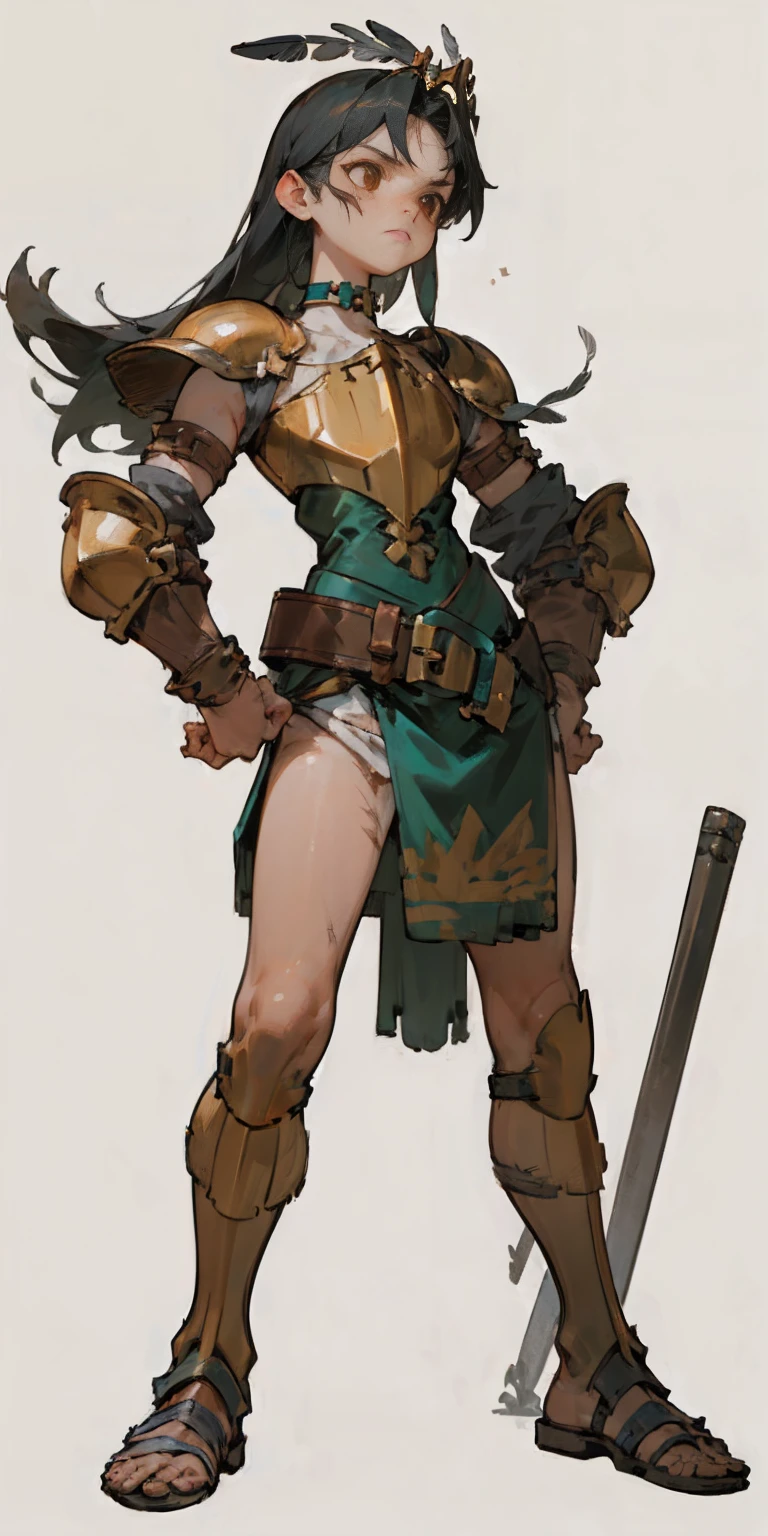 Subject:
1 Solo Female Gladiator
Pose:
Full body, whole body
Standing tall, hands on hips (conveying confidence)
Feet together, conveying a strong stance
View from slightly below, emphasizing her power
Clothing and Armor:
Loincloth (detailed and well-crafted, showcasing her warrior status)
Metal sandals, sturdy and battle-worn
Leather choker, adorned with a gladiator emblem or small spikes (optional)
Big belt, holding additional weapons or pouches (optional)
Bracers on forearms, for protection
Jewelry:
Tiara (can be simple and battle-ready, or adorned with feathers or gladiator symbols)
Additional Details:
Strong, defined muscles
Determined expression on her face
Optional: scars or other battle marks that tell a story of her victories