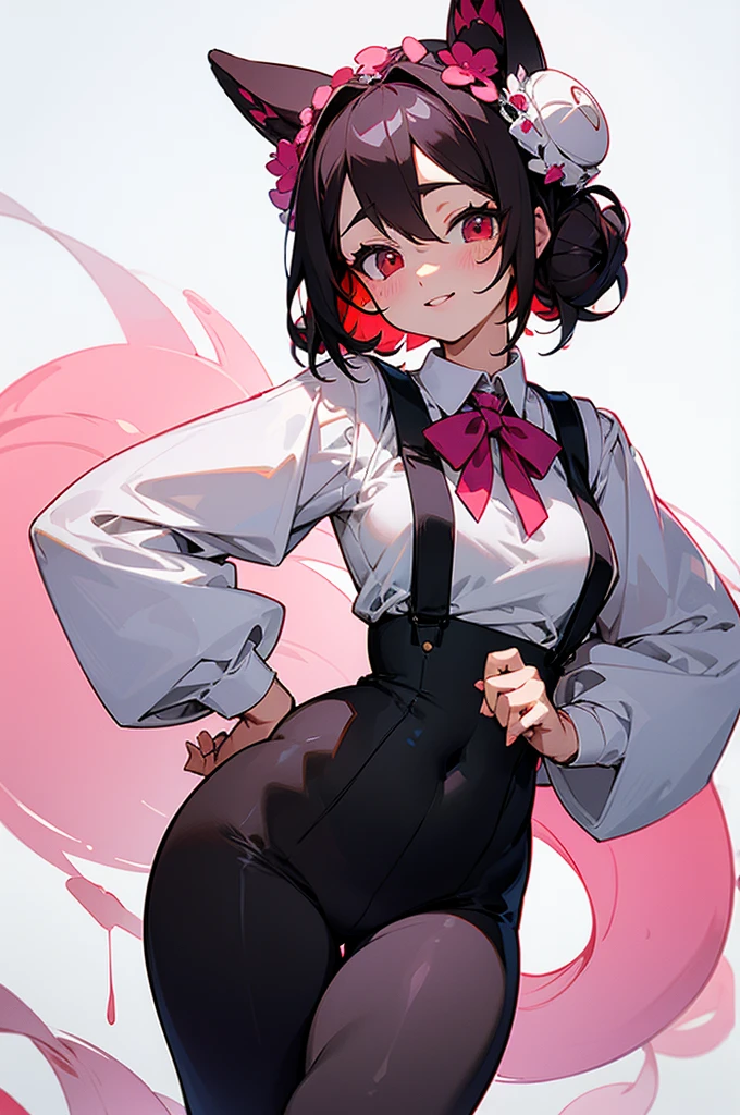 tmasterpiece、Need、1 female student、White cloth bun bun bun、Shoulder leakage、The chest is large、chubbiness、ssmile、Black suspender tights、lace leggings、pale pink lip、posing at school,(drenched all over the body),legs are open, solo, White polo shirt, looking at viewert, (Thigh thick:1.0),Yazawa Nico,red eyes, face flushed,Blunt hair,both hands on hip,greet,Flower headdress,