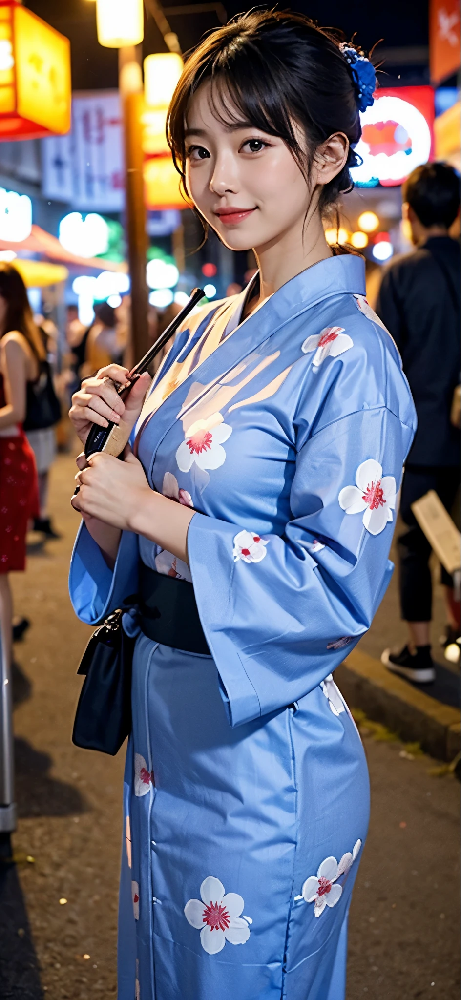 A woman wearing a yukata enjoying a summer festival in the evening。