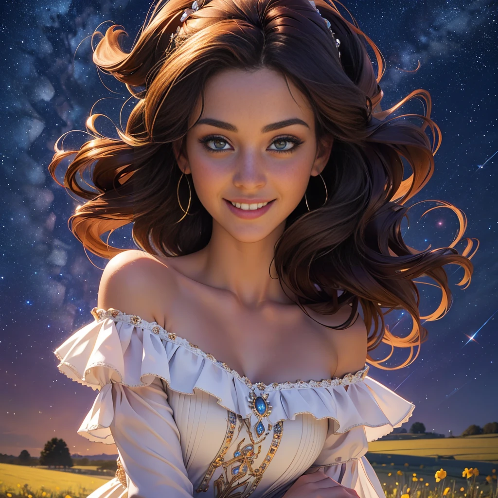 Best quality, masterpiece, ultra high res, (photorealistic:1.4), raw photo, 1girl, 30 yo woman, off shoulder dress, smile, glamorous clothing, country lane, vivid starry sky
