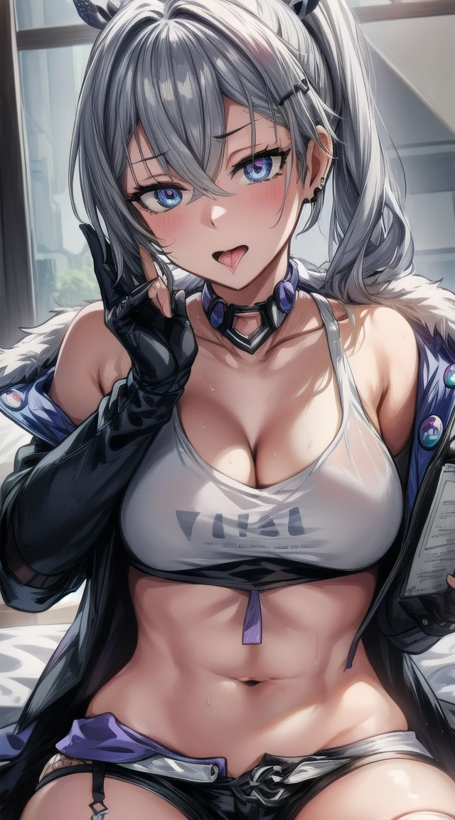 1girl,silver hair
BREAK (( 1girl, solo, looking at viewer, shirt, hair ornament, gloves, navel, cleavage, bare shoulders, jewelry, medium breasts, jacket, hair ribbon, white shirt, thighs, earrings, open clothes, shorts, sleeveless, choker, black gloves, hairclip, midriff, fingerless gloves, armpits, off shoulder :1))
BREAK ((eye rolling,ahegao:1.3))
BREAK indoors,
BREAK looking at viewer,
BREAK (masterpiece:1.2), best quality, high resolution, unity 8k wallpaper, (illustration:0.8), (beautiful detailed eyes:1.6), extremely detailed face, perfect lighting, extremely detailed CG, (perfect hands, perfect anatomy),