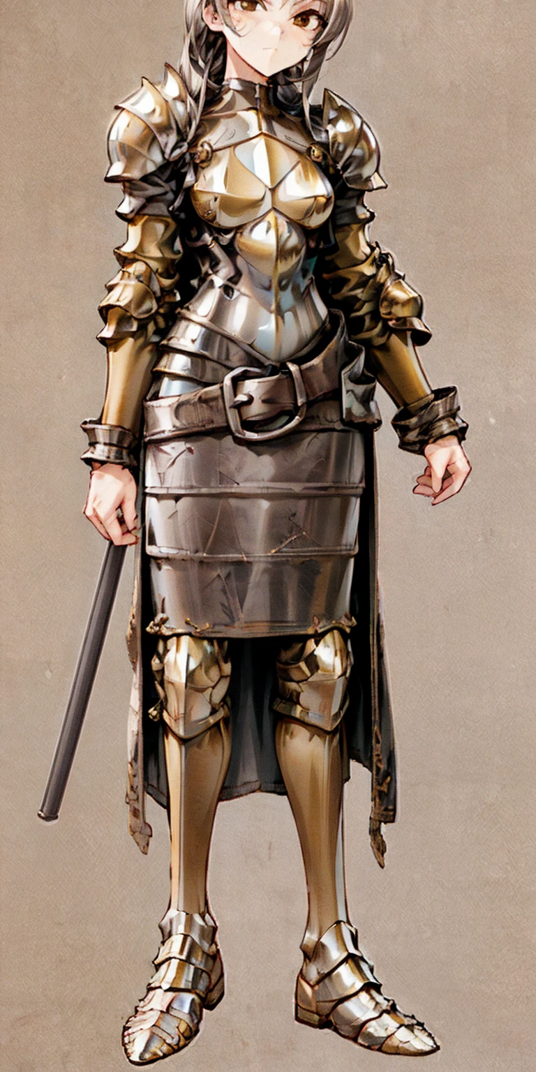 Subject:
1 Solo Female Gladiator
Pose:
Full body, whole body
Standing tall, hands on hips (conveying confidence)
Feet together, conveying a strong stance
View from slightly below, emphasizing her power
Clothing and Armor:
Loincloth (detailed and well-crafted, showcasing her warrior status)
Metal sandals, sturdy and battle-worn
Leather choker, adorned with a gladiator emblem or small spikes (optional)
Big belt, holding additional weapons or pouches (optional)
Bracers on forearms, for protection
Jewelry:
Tiara (can be simple and battle-ready, or adorned with feathers or gladiator symbols)
Additional Details:
Strong, defined muscles
Determined expression on her face
Optional: scars or other battle marks that tell a story of her victories