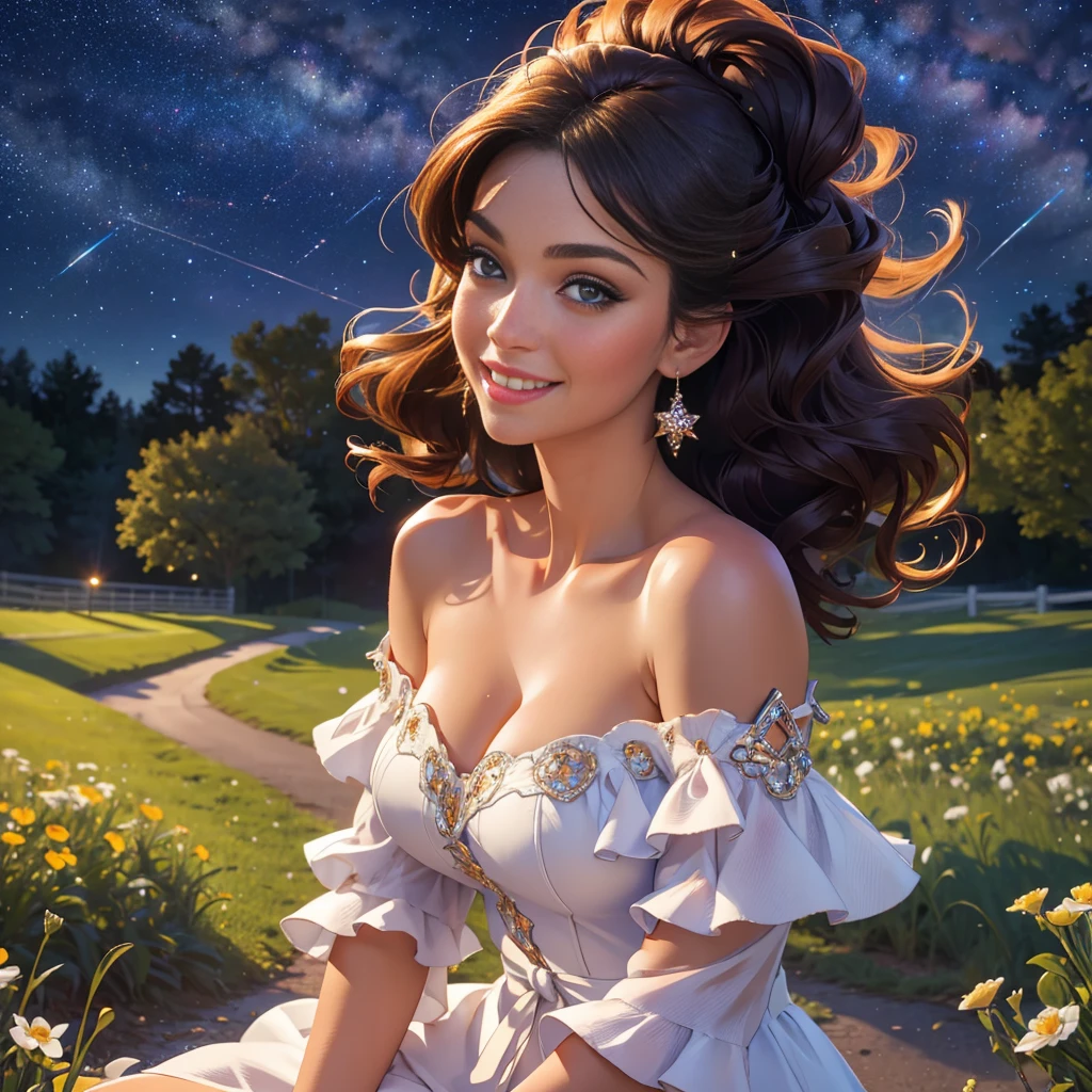 Best quality, masterpiece, ultra high res, (photorealistic:1.4), raw photo, 1girl, 30 yo woman, off shoulder dress, smile, glamorous clothing, country lane, vivid starry sky