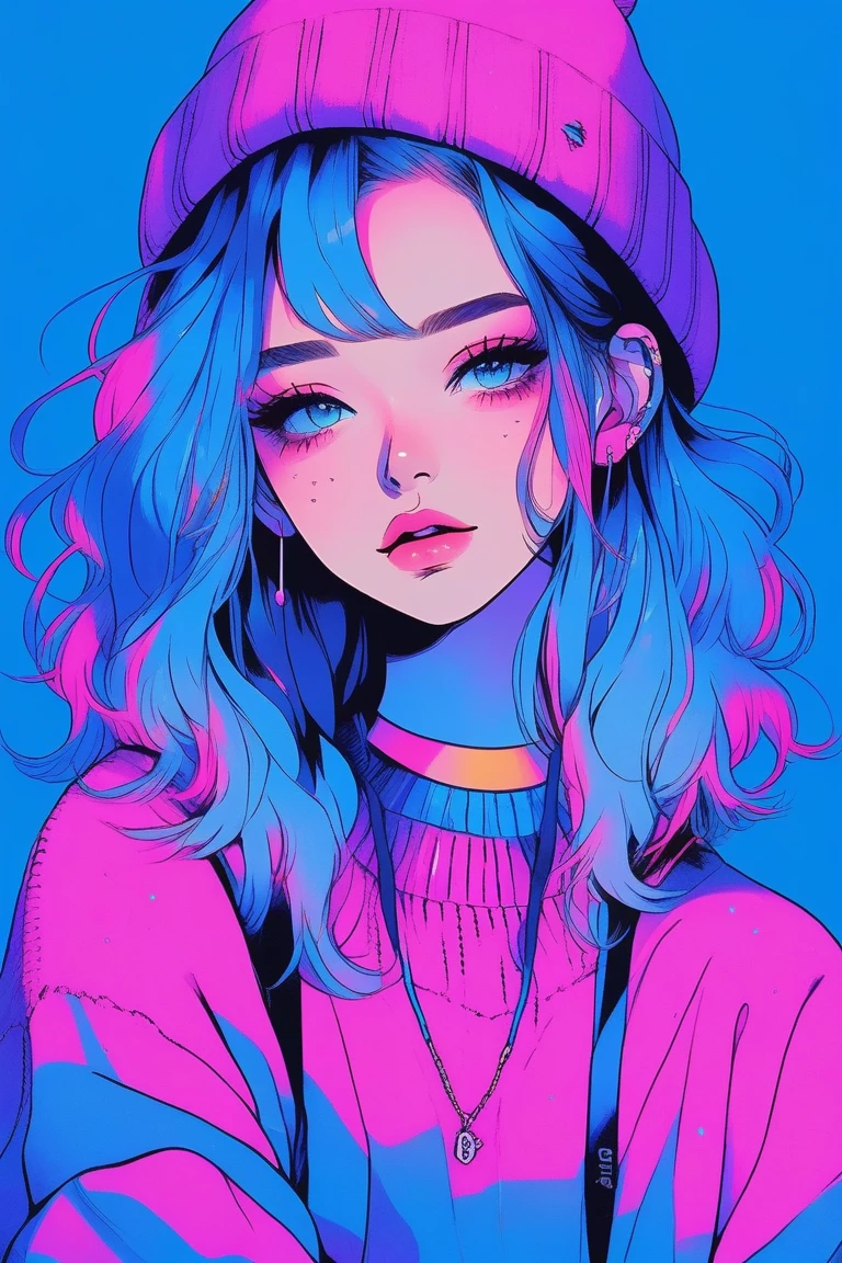 illustrator, anime , realistic ,sketch , 1 girl, ,lip, sweater,order, Blue gradient background, neon hair,Textured trim, Canadian, (masterpiece,Best quality) ganyou