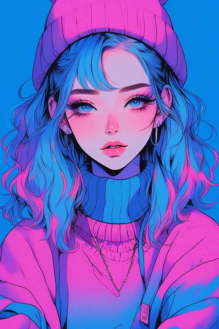 illustrator, anime , realistic ,sketch , 1 girl, ,lip, sweater,order, Blue gradient background, neon hair,Textured trim, Canadian, (masterpiece,Best quality) ganyou