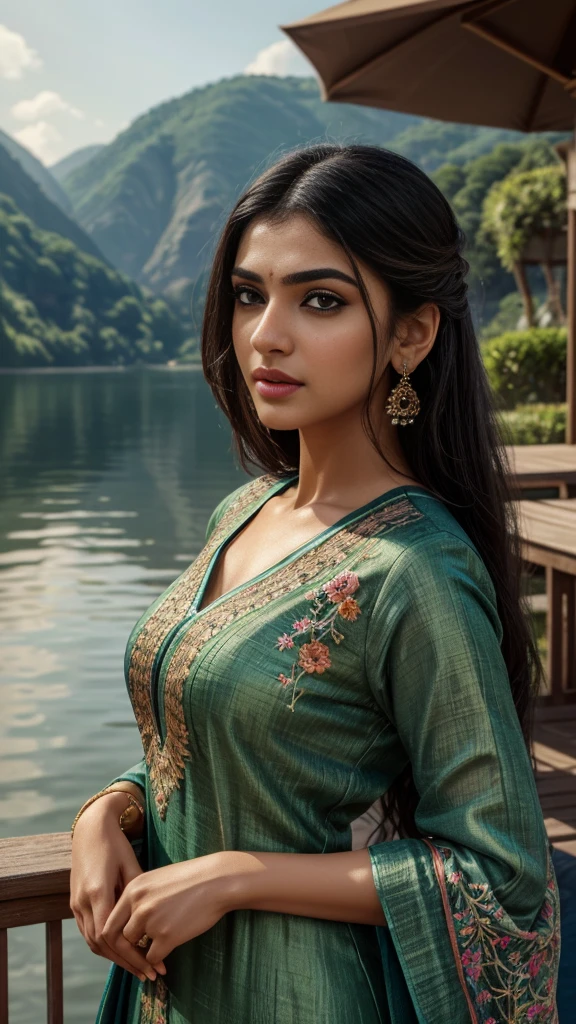 ultra-realistic photographs,Indian Instagram female model,mid 20s,9:16,mid-shot,beautiful detailed eyes,detailed lips,longeyelashes,black stylish hair, naturally full eyebrows,perfectly formed nose,expressive face,attractive appearance,candid photo,vibrant and colorful salwar-kameez dress, heavily embroidered dress, lake background, serene atmosphere,stunning architecture,soft and natural lighting,vivid colors,photorealistic,HDR,highres,studio lighting,ultra-detailed,bokeh,fully covered clothes