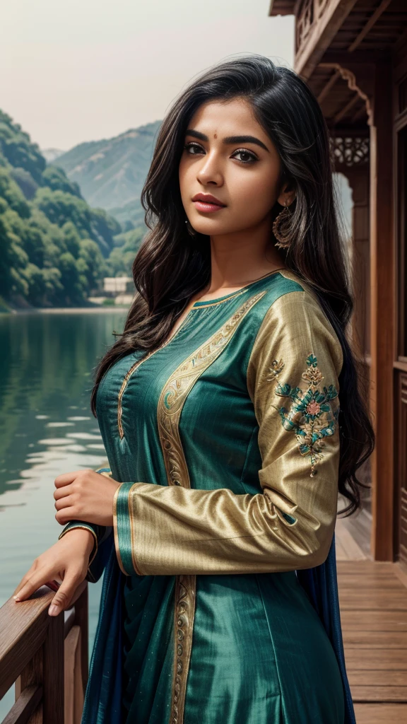 ultra-realistic photographs,Indian Instagram female model,mid 20s,9:16,mid-shot,beautiful detailed eyes,detailed lips,longeyelashes,black stylish hair, naturally full eyebrows,perfectly formed nose,expressive face,attractive appearance,candid photo,vibrant and colorful salwar-kameez dress, heavily embroidered dress, lake background, serene atmosphere,stunning architecture,soft and natural lighting,vivid colors,photorealistic,HDR,highres,studio lighting,ultra-detailed,bokeh,fully covered clothes