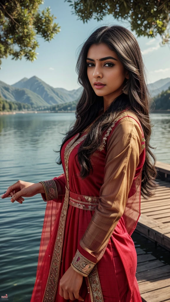 ultra-realistic photographs,Indian Instagram female model,mid 20s,9:16,mid-shot,beautiful detailed eyes,detailed lips,longeyelashes,black stylish hair, naturally full eyebrows,perfectly formed nose,expressive face,attractive appearance,candid photo,vibrant and colorful salwar-kameez dress, heavily embroidered dress, lake background, serene atmosphere,stunning architecture,soft and natural lighting,vivid colors,photorealistic,HDR,highres,studio lighting,ultra-detailed,bokeh,fully covered clothes