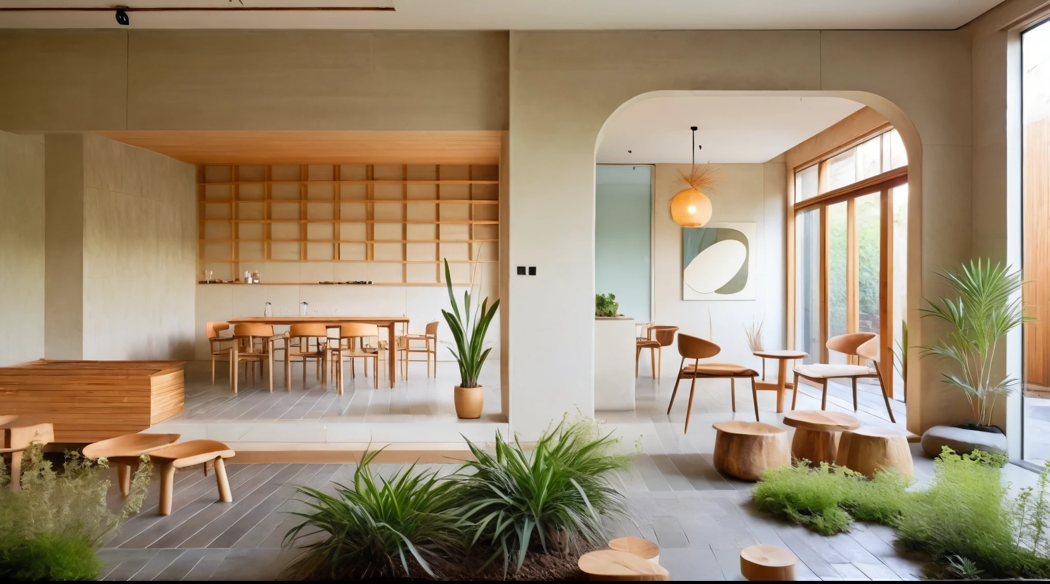 A Muji style living room featuring a reception bar area with high stools. The space has a neutral color palette of whites, beiges, and natural wood tones. It includes a flat ceiling with evenly spaced recessed downlights. The reception bar area has a wooden counter and high stools. The living room features a low-profile sofa, wooden coffee table, wall-mounted shelves, large windows with wooden blinds, potted plants, full of rustic handmade decor, and an accent wall with artistic tile or stone cladding. The design emphasizes functionality and simplicity, with a focus on natural materials and a serene color palette. The layout is open and spacious, promoting a sense of calm and relaxation. The overall look is modern yet warm, with an emphasis on comfort, natural beauty, and handmade elements. ((8k)), high quality detail, minimalist design, neutral color palette, natural materials, clean lines, serene and functional, modern Japanese aesthetic, flat ceiling, recessed downlights, wooden reception bar, high stools, low-profile sofa, wooden coffee table, wall-mounted shelves, large windows, wooden blinds, potted plants, handmade decor, artisanal elements, artistic tile or stone accent wall, natural light, uncluttered, open layout, traditional Japanese wall hangings, paper lanterns.