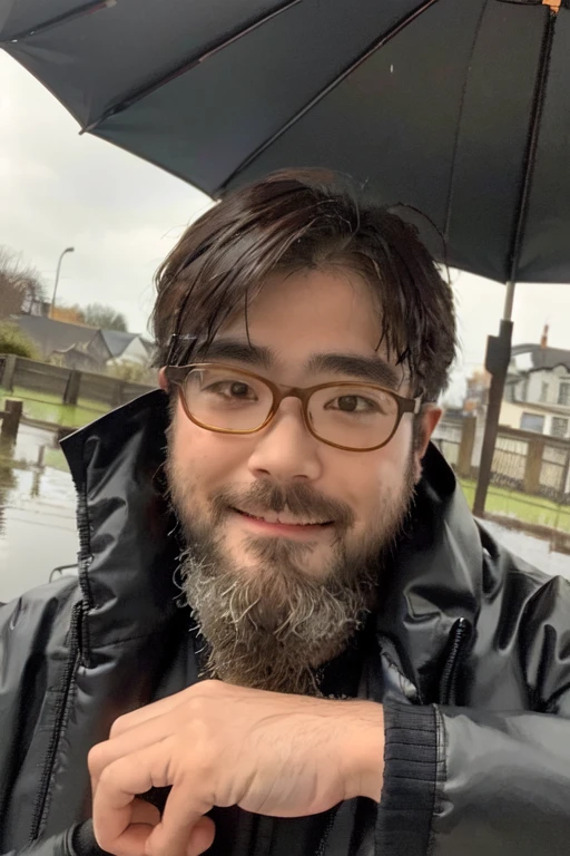 uhd, high quality, high details, 1 Boy, solo, beard, Glasses, In the Rain, dance, Raincoat, Colorful umbrellas, smile, garden, Swing, Muddy ground, rainbow, Weather showers, sense of openness, Innocence, puddle, Trampling