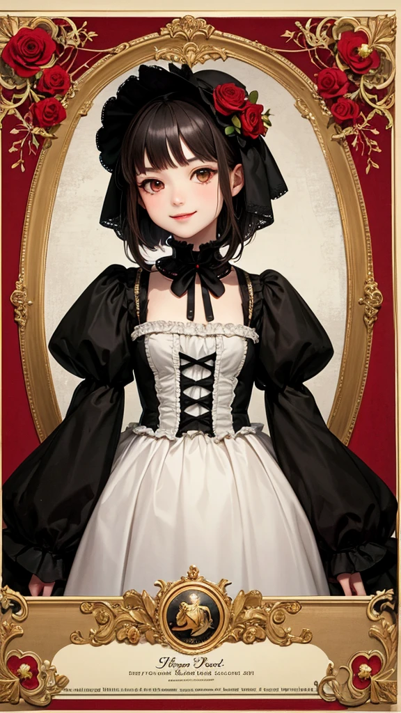 strawberry,Gothic Lolita,victorian era,Gothic ,one girl,Smile，GothicBackground，whole body，Red Rose，strawberry