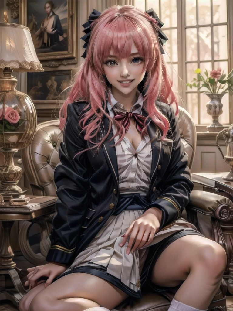 sitting in a stylish chair　a beauty girl，Uniform Ribbon，Cute Blazer，Laughter，girl，length，anime a girl，Highest quality，Huge ，Pink Hair，masterpiece，Great style，length，Sexy and cute，Ultra-high resolution，beautiful a girl，Lovely girl，loose socks，Perfect beautiful girl，HD quality，８Ｋ，