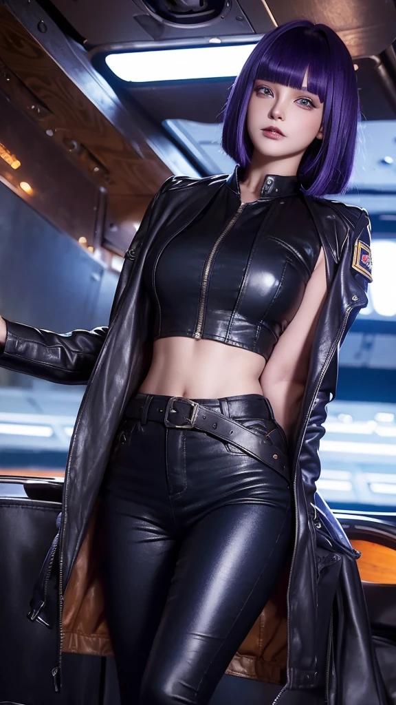 A-Line Bob, Ruby dark blue hair, beautiful woman, starship captain, short jacket, cowboy shot, flirty, military bearing, standing, pirate, on a starship bridge, leather pants, purple eyes, Blunt Bangs