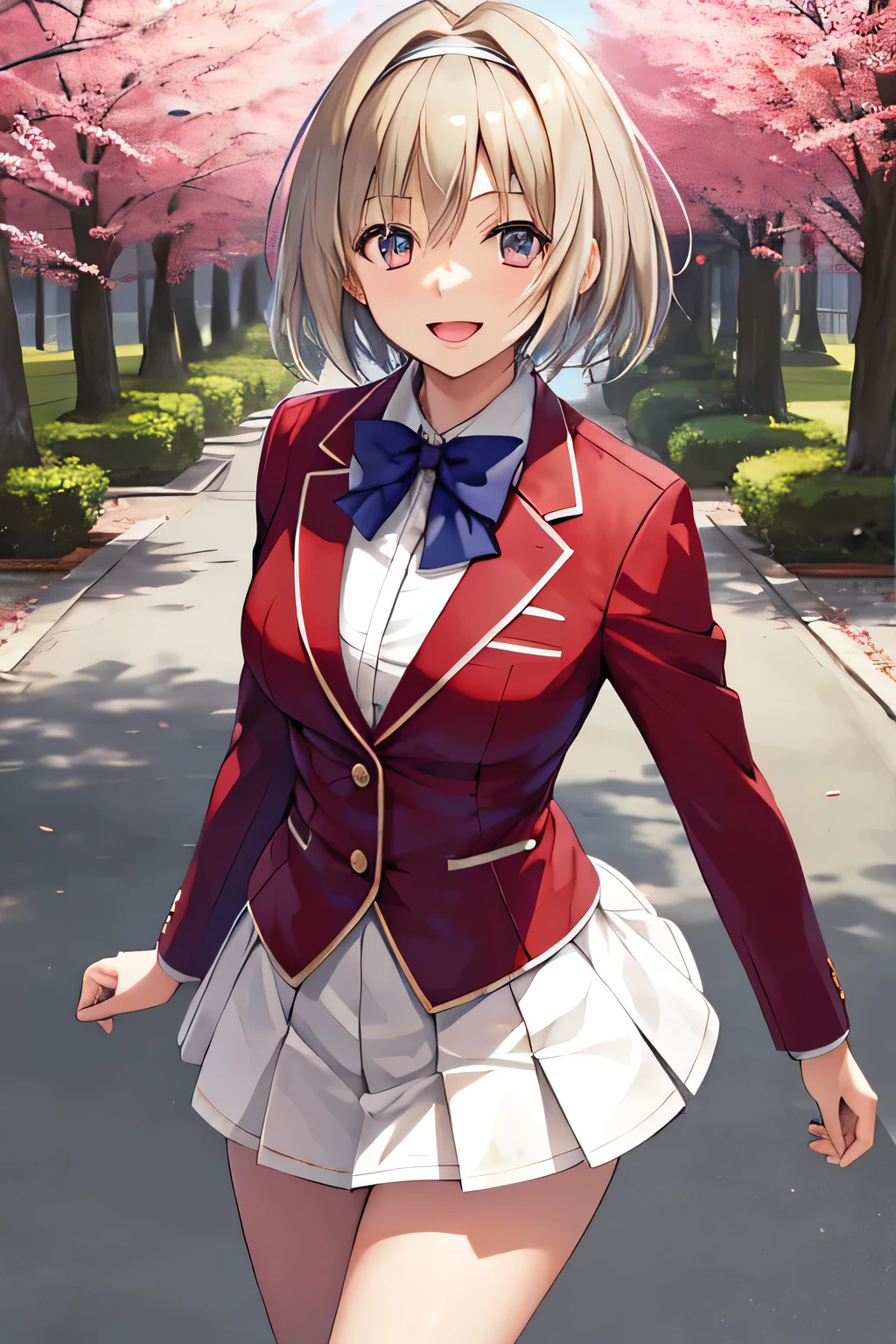 masterpiece, Highest quality, High resolution, Akio, short hair, Hair Intake, White hair band, Blue bow tie, Collared shirt, blazer, Red jacket, Long sleeve, White Skirt, Pleated skirt, Black socks, Cowboy Shot, Are standing, Outdoor, straight, Place your arms at your sides, smile, Open your mouth,