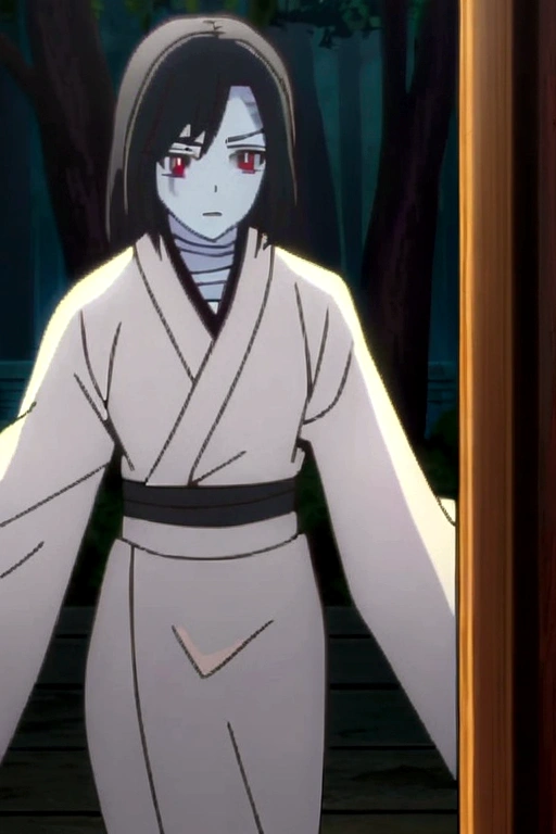 Demon slayer screencap of a female with White skin, red eyes with black, short black and white hair. The setting is dark, a dark forest. She is no wearing a kimono, her hunter uniform has an opening in the stomach and back with markings. She is using a long lance, she has bandages on her legs, arms and neck and injuries on her face. Ufotable studios season 4 screencap.