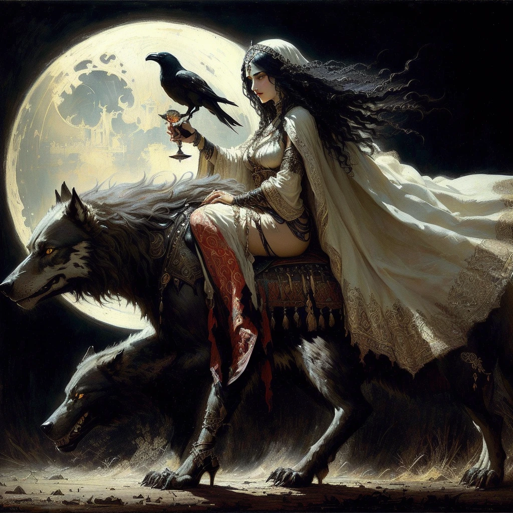 painting of a woman riding a wolf with a bird on her shoulder, in style of dark fantasy art, gothic fantasy art, dark fantasy art, dark fantasy style art, by John Moonan, old - school dark fantasy art, gothic maiden shaman, by tom bagshaw and boris vallejo, dark fantasy oil painting, dark fantasy artwork, medieval fantasy art, fantasy dark art An artistic painting of a vampire woman riding on top of a werewolf holding a fallen man on the ground under the moonlight. She wears a traditional white Moroccan dress. On her hand is a henna pattern. On her leg is a crow anklet. A wine glass. The darkness of the night. Orientalist drawing, Orientalist, Orientalist drawing, Orientalism, Orientalism, by George B. Bridgman, Arab Art, A Dark, Gloomy Orientalism, by Frederick Goodall, A Vital, Sullen Orientalism, by Joseph Noel Paton, John Frederick Lewis, by Julius LeBlanc Stuart
