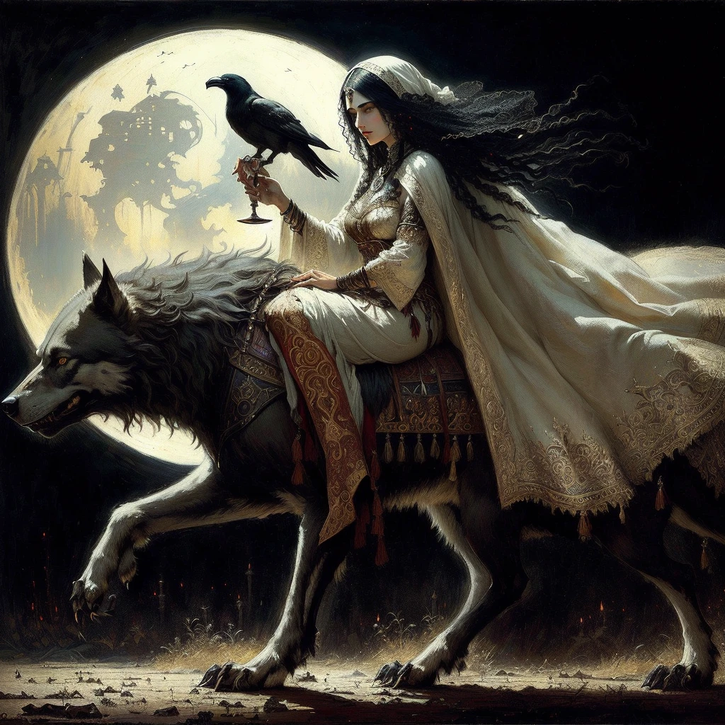 painting of a woman riding a wolf with a bird on her shoulder, in style of dark fantasy art, gothic fantasy art, dark fantasy art, dark fantasy style art, by John Moonan, old - school dark fantasy art, gothic maiden shaman, by tom bagshaw and boris vallejo, dark fantasy oil painting, dark fantasy artwork, medieval fantasy art, fantasy dark art An artistic painting of a vampire woman riding on top of a werewolf holding a fallen man on the ground under the moonlight. She wears a traditional white Moroccan dress. On her hand is a henna pattern. On her leg is a crow anklet. A wine glass. The darkness of the night. Orientalist drawing, Orientalist, Orientalist drawing, Orientalism, Orientalism, by George B. Bridgman, Arab Art, A Dark, Gloomy Orientalism, by Frederick Goodall, A Vital, Sullen Orientalism, by Joseph Noel Paton, John Frederick Lewis, by Julius LeBlanc Stuart
