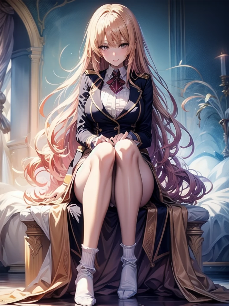 sitting in a stylish chair　a beauty girl，Uniform Ribbon，Cute Blazer，Laughter，girl，length，anime a girl，Highest quality，Huge ，Pink Hair，masterpiece，Great style，length，Sexy and cute，Ultra-high resolution，beautiful a girl，Lovely girl，loose socks，Perfect beautiful girl，HD quality，８Ｋ，