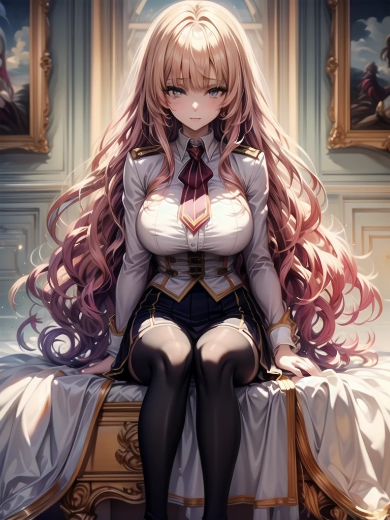 sitting in a stylish chair　a beauty girl，Uniform Ribbon，Cute Blazer，Laughter，girl，length，anime a girl，Highest quality，Huge ，Pink Hair，masterpiece，Great style，length，Sexy and cute，Ultra-high resolution，beautiful a girl，Lovely girl，loose socks，Perfect beautiful girl，HD quality，８Ｋ，