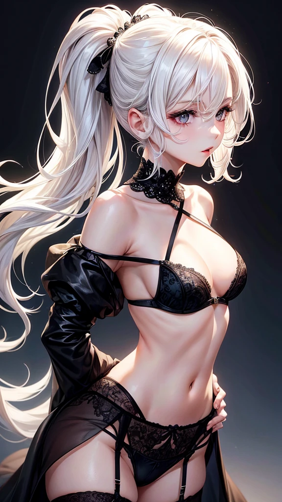 Elegant 27 year old woman,, short wavy white hair, small and fleshy lips, simple makeup, confident look, dressed in a black party dress with an open back, some garter belt, with a little neckline