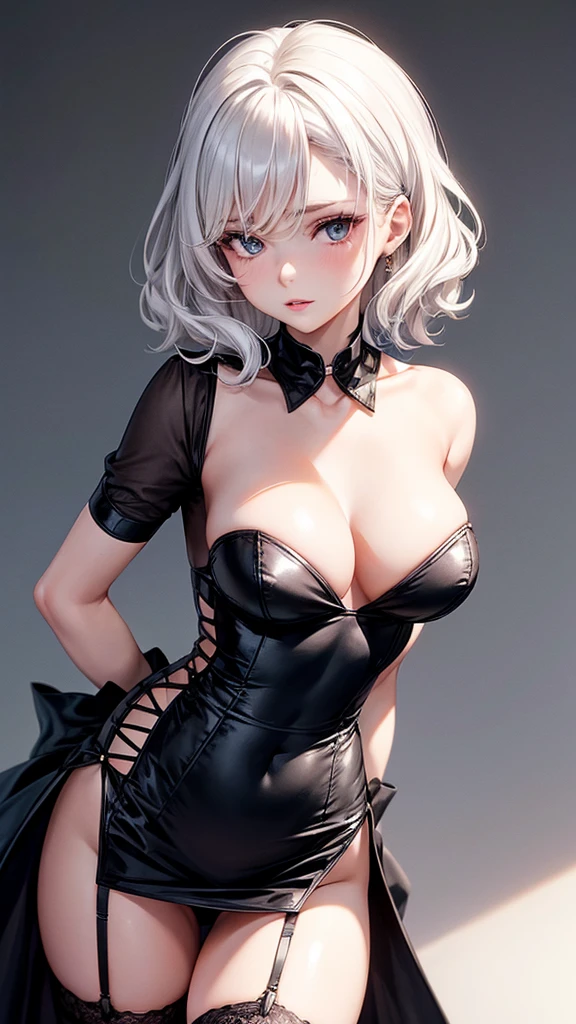 Elegant 27 year old woman,, short wavy white hair, small and fleshy lips, simple makeup, confident look, dressed in a black dress with an open back, some garter belt, with a little neckline