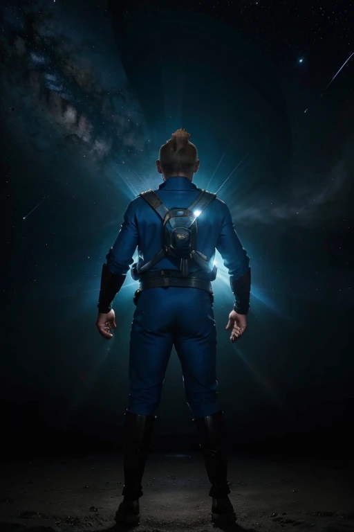 Tintin from Hergé's comics in the style of digital realism. The hero stands in the center, the angle is from his back. The vastness of space opens up before the character with a great play of light from stars or stellar bodies. The hero himself is wearing a special suit. The lighting on the character is slightly darkened, since the light from the stellar bodies falls on him in front. We need a vibe of the unknown of beauty, the hero is ready to discover new things.