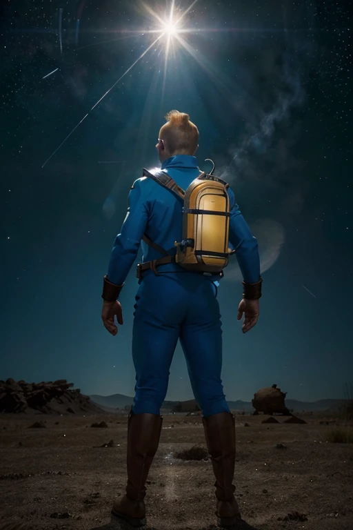 Tintin from Hergé's comics in the style of digital realism. The hero stands in the center, the angle is from his back. The vastness of space opens up before the character with a great play of light from stars or stellar bodies. The hero himself is wearing a special suit. The lighting on the character is slightly darkened, since the light from the stellar bodies falls on him in front. We need a vibe of the unknown of beauty, the hero is ready to discover new things.