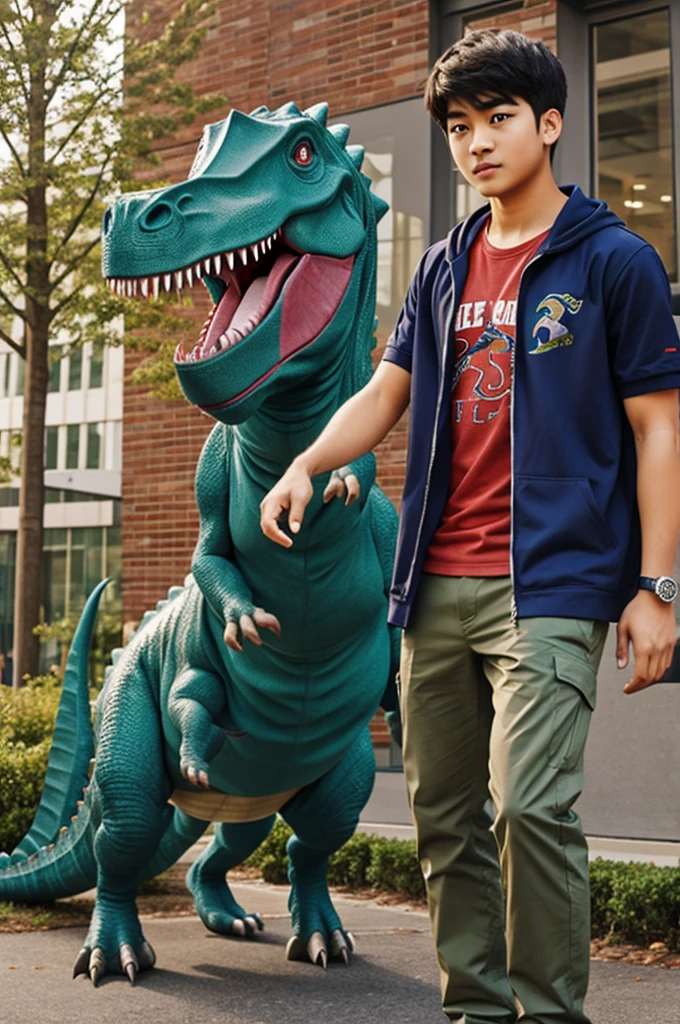 a dinosaur in student clothes