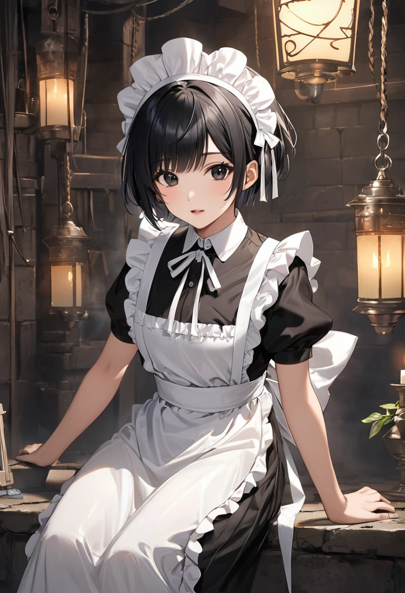 high quality, detailed, Realistic, ( japanese idol maid boy), (detailed black eyes), (black short hair), (shiny skin), dungeon, (apron), (head dress), (tiny thongs), (bulge:1.2), candle,