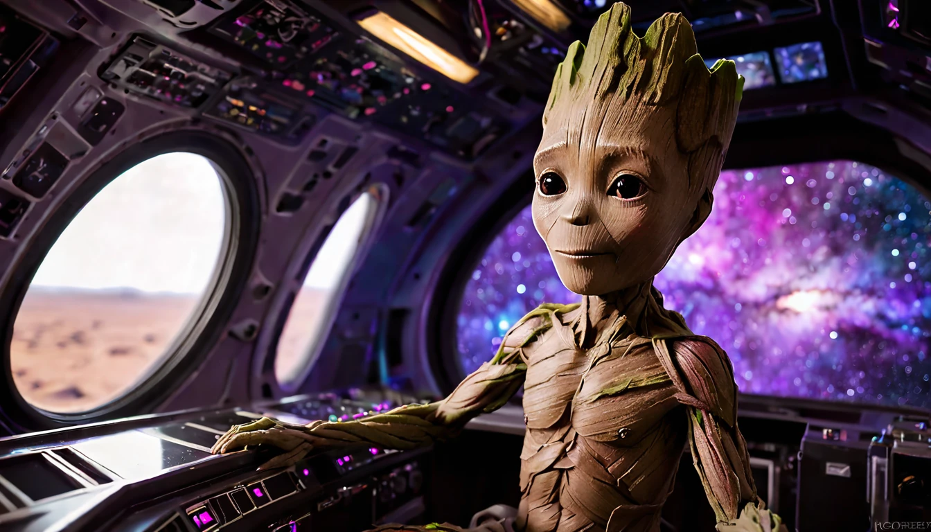 Baby Groot, looking towards the horizon, from the cockpit of a spaceship, towards the cosmos made up of violet nebulae and galaxy colors, very detailed image, sharp focus, studio photography, xf iq 4, 1 5 0 0 0 0 0 0 0 0 mp, 5 0 mm, iso 2 0 0 0 0, 1/ 1 6 0 0 0 s, realistic, natural light, octane rendering, adobe lightroom, photorealistic, thirds resolution, symmetric balance, depth layers, polarizing filter , . ..., hd, color optics, ..., hd, opaque color, masterpiece, ..., masterpiece, ..., hd, opaque color, masterpiece