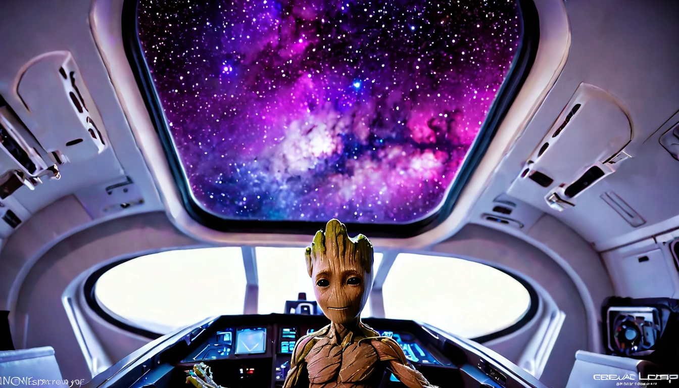 Baby Groot, looking towards the horizon, from the cockpit of a spaceship, towards the cosmos made up of violet nebulae and galaxy colors, very detailed image, sharp focus, studio photography, xf iq 4, 1 5 0 0 0 0 0 0 0 0 mp, 5 0 mm, iso 2 0 0 0 0, 1/ 1 6 0 0 0 s, realistic, natural light, octane rendering, adobe lightroom, photorealistic, thirds resolution, symmetric balance, depth layers, polarizing filter , . ..., hd, color optics, ..., hd, opaque color, masterpiece, ..., masterpiece, ..., hd, opaque color, masterpiece