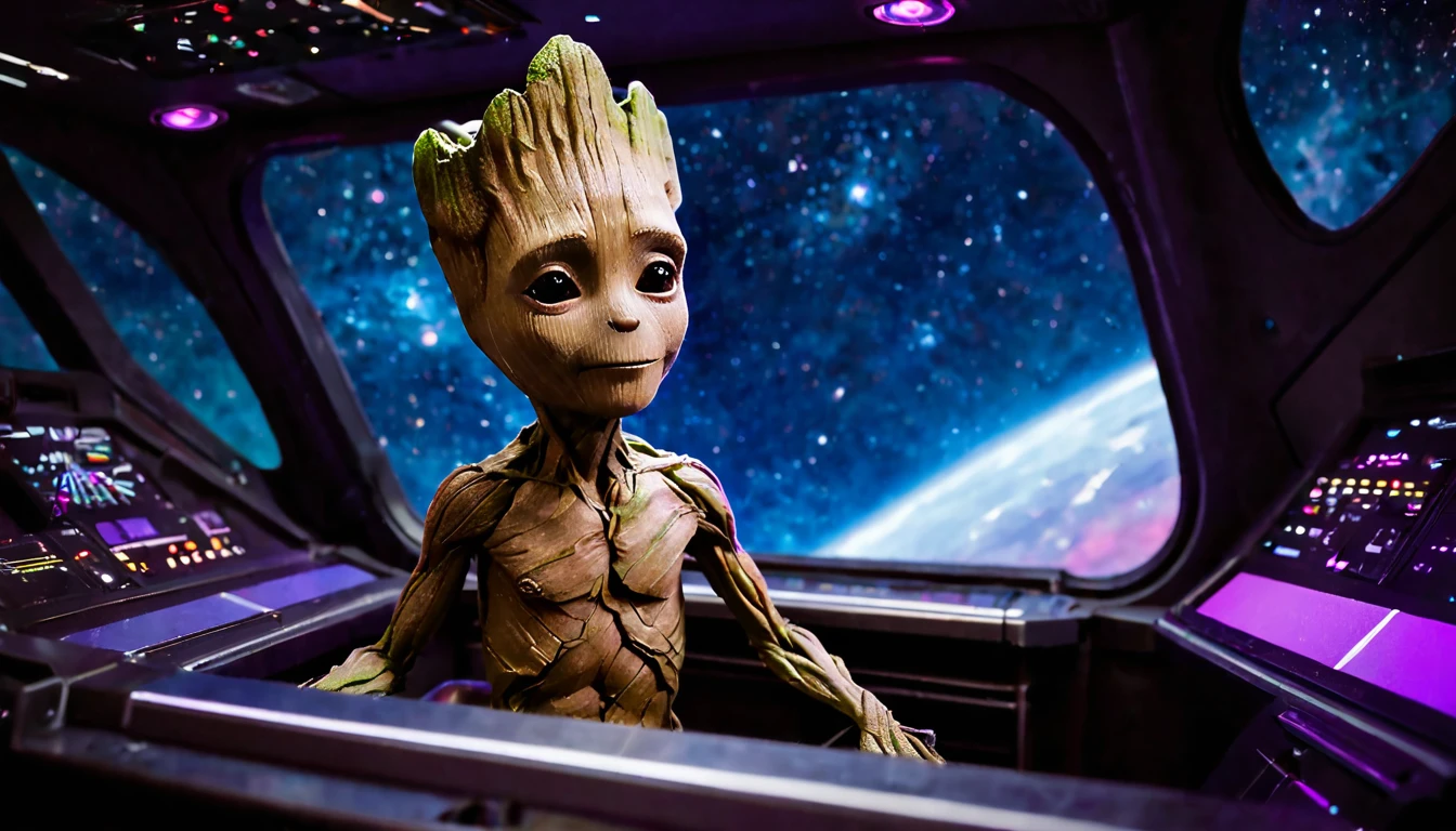 Baby Groot, looking towards the horizon, from the cockpit of a spaceship, towards the cosmos made up of violet nebulae and galaxy colors, very detailed image, sharp focus, studio photography, xf iq 4, 1 5 0 0 0 0 0 0 0 0 mp, 5 0 mm, iso 2 0 0 0 0, 1/ 1 6 0 0 0 s, realistic, natural light, octane rendering, adobe lightroom, photorealistic, thirds resolution, symmetric balance, depth layers, polarizing filter , . ..., hd, color optics, ..., hd, opaque color, masterpiece, ..., masterpiece, ..., hd, opaque color, masterpiece