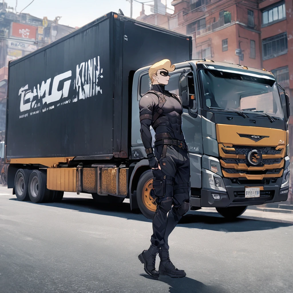Male, black ninja outfit, blonde pompadour, truck