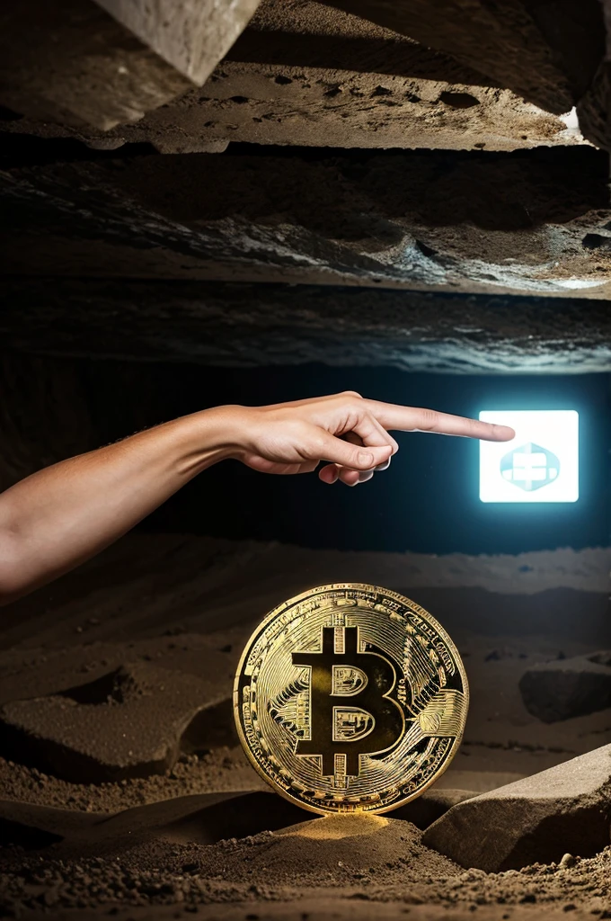 Person mining lots of bitcoin under ground and people around him laughing and some are pointing with hand in animation not realistic