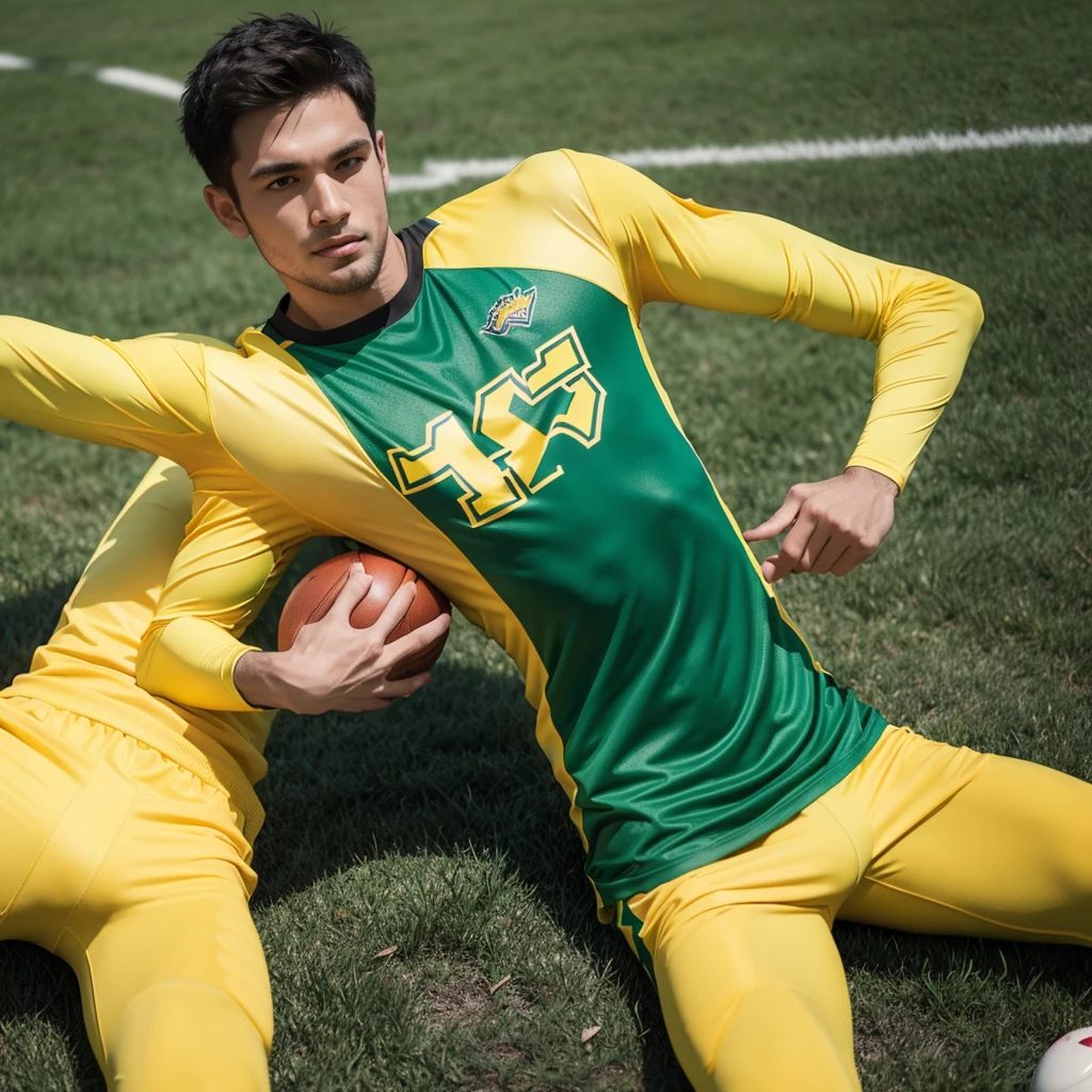 Men’s Flag football uniform, with primary color yellow and green details, must contain a drawing of a corn as a logo and please consider a no sleeve shirt