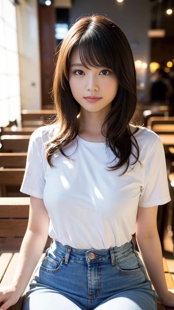 masterpiece, Highest quality,16K, Ultra-high resolution,The light and shadow of reality,Cinema Lenses,(Very skinny),(Very firm and beautiful breasts),((Very slim and white beautiful thighs)),((Her waist is so slim and beautiful)),((Very slim and beautiful arms)),((She is very slim and has a great figure)),((Beautiful big shining eyes)),((The face is very small)),((Beautiful white and shining skin)),((Cute Japanese Girls))(Denim and T-shirt)),((She is sitting on a bench in a stylish cafe.)),(Beautiful Eyes:1.1), ((Medium shot scenes,Upper Body)),Dynamic Pose,A gentle goddess came with gentle steps,Clear eyes and a gentle smile,