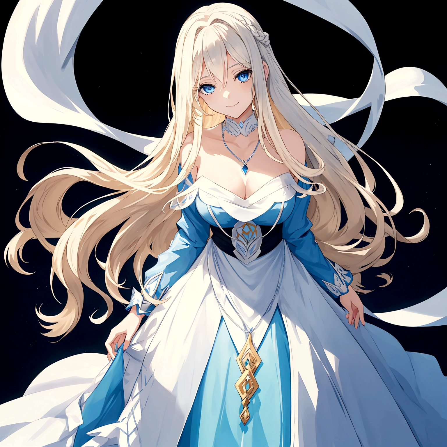 a young woman with long blonde hair and bright blue eyes. She's wearing a blue dress with a white collar and a simple silver necklace. She stands in front of a black background with a neutral expression and a hint of a smile.