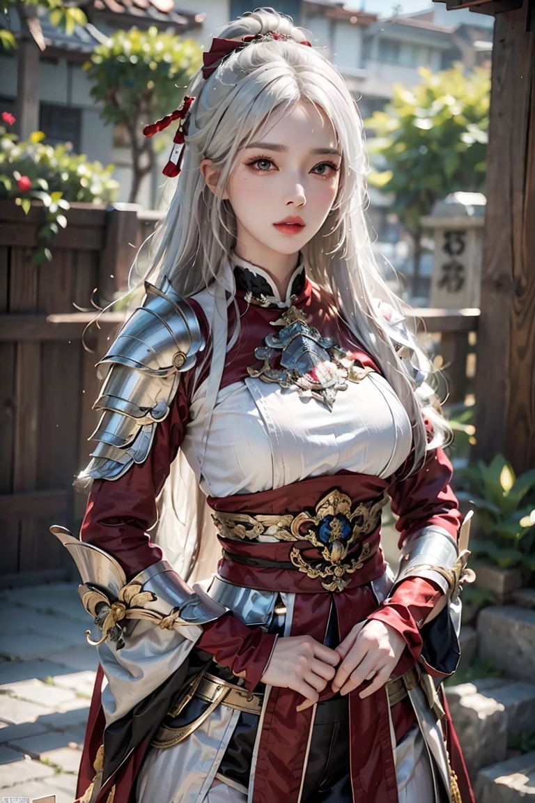 female,masterpiece, realistic, best quality, ultra detailed, cowboy_shot, long hair, white hair, red lips, jewelery, samurai armor, shogun armor