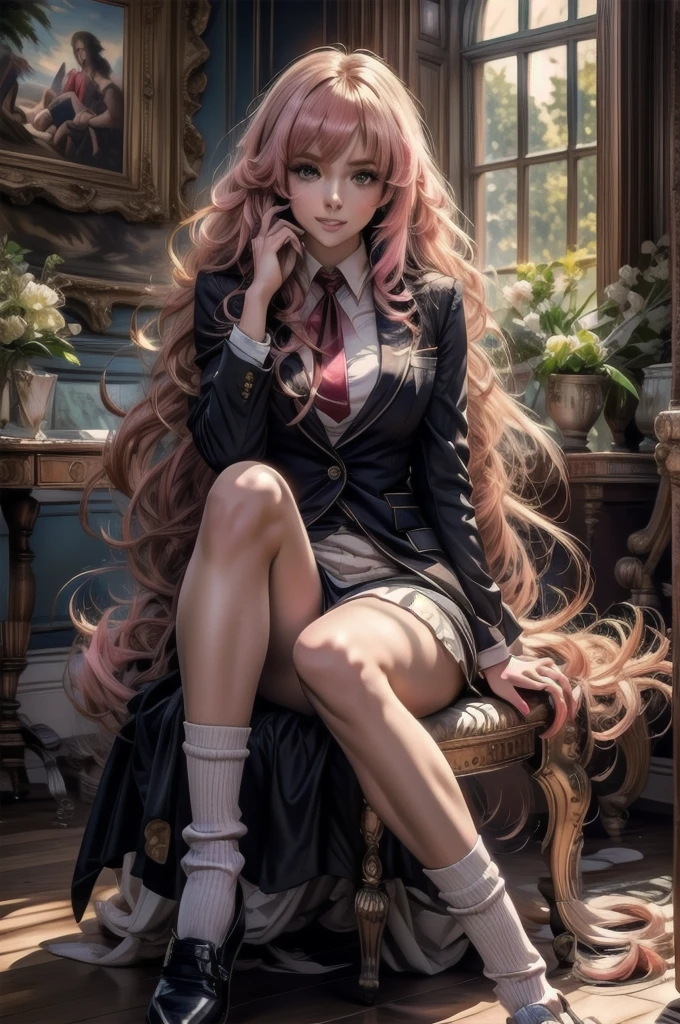 sitting in a stylish chair　a beauty girl，Uniform Ribbon，Cute Blazer，Laughter，girl，length，anime a girl，Highest quality，Huge ，Pink Hair，masterpiece，Great style，length，Sexy and cute，Ultra-high resolution，beautiful a girl，Lovely girl，loose socks，Perfect beautiful girl，HD quality，８Ｋ，