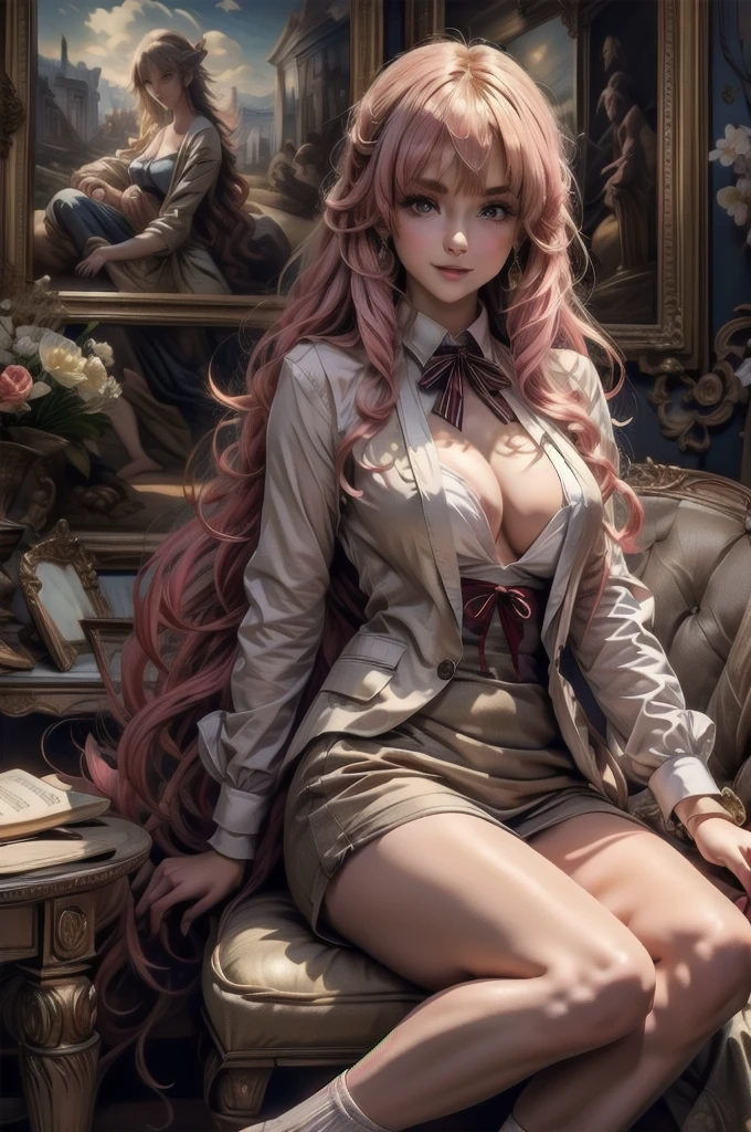 sitting in a stylish chair a beauty girl,Uniform Ribbon,Cute Blazer,Laughter,girl,length,anime a girl,Highest quality,Huge ,Pink Hair,masterpiece,Great style,length,Sexy and cute,Ultra-high resolution,beautiful a girl,Lovely girl,loose socks,Perfect beautiful girl,HD quality,8K,