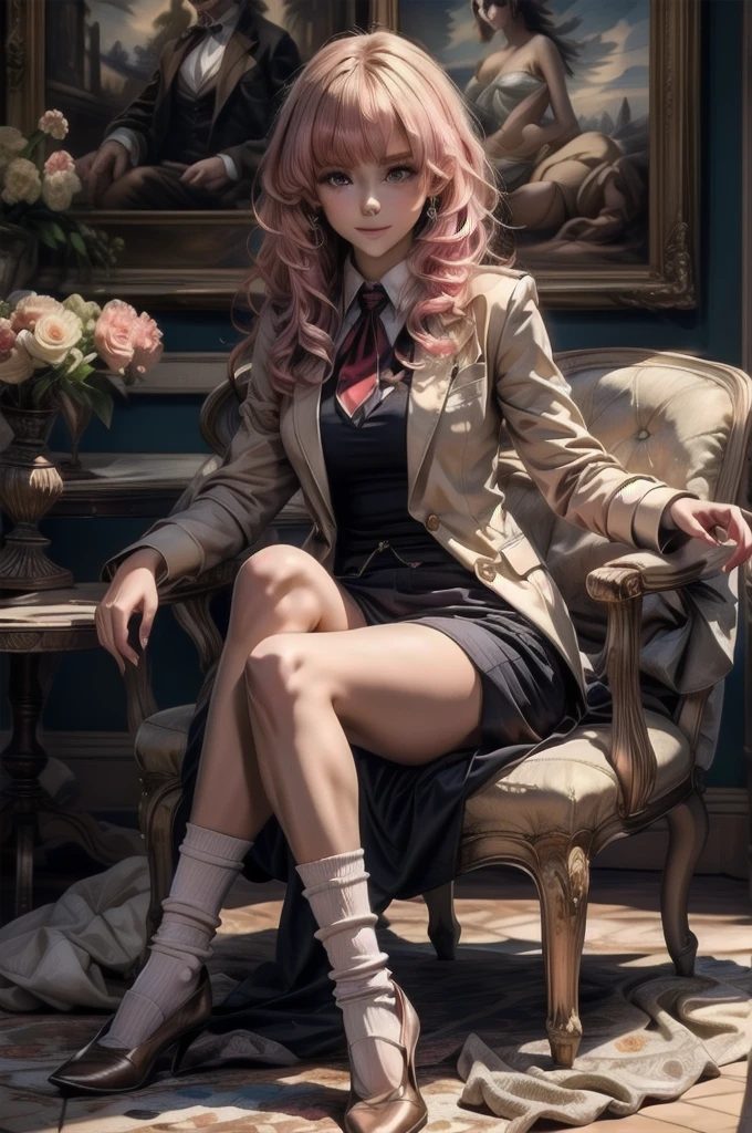 sitting in a stylish chair　a beauty girl，Uniform Ribbon，Cute Blazer，Laughter，girl，length，anime a girl，Highest quality，Huge ，Pink Hair，masterpiece，Great style，length，Sexy and cute，Ultra-high resolution，beautiful a girl，Lovely girl，loose socks，Perfect beautiful girl，HD quality，８Ｋ，