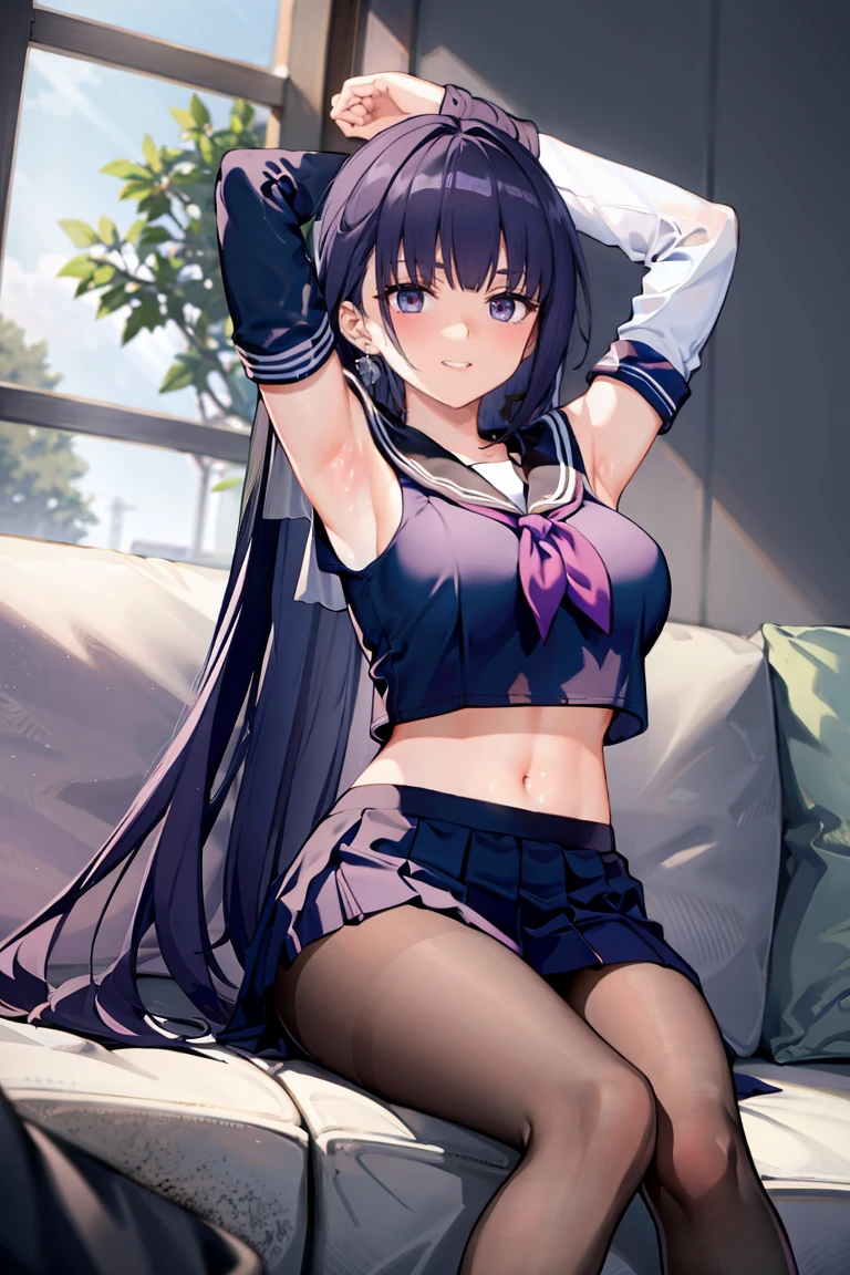 masterpiece:1.2, best quality, ((ultra detailed)), high resolution, 2d, anime style , photo, photography, detailed background,a cute girl, raiden mei, (pantyhose),full body,looking at viewer,light smile, earrings, sitting,from below, on couch, windows,serafuku,black thights,cropped tops,((black sailor uniform)),ribbon,ponytail, armpits