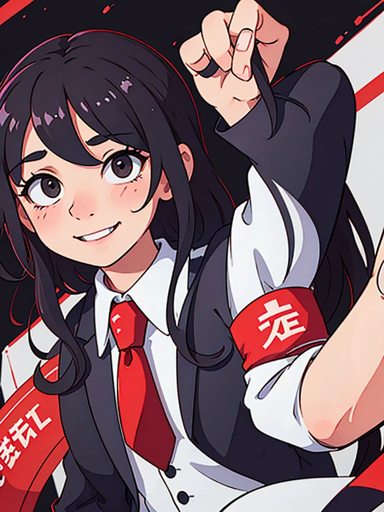 upper body, Oblique angle, Long Hair, Clenched fist, smile, suit, tie, election poster,